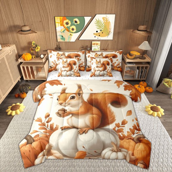 Manfei Happy Autumn Twin Bedding Sets 7-Piece for Kids, Kawaii Squirrel Animal Bedding Comforter Set, Fall Pumpkin Print Sheet Sets, Super Cozy Room Decor