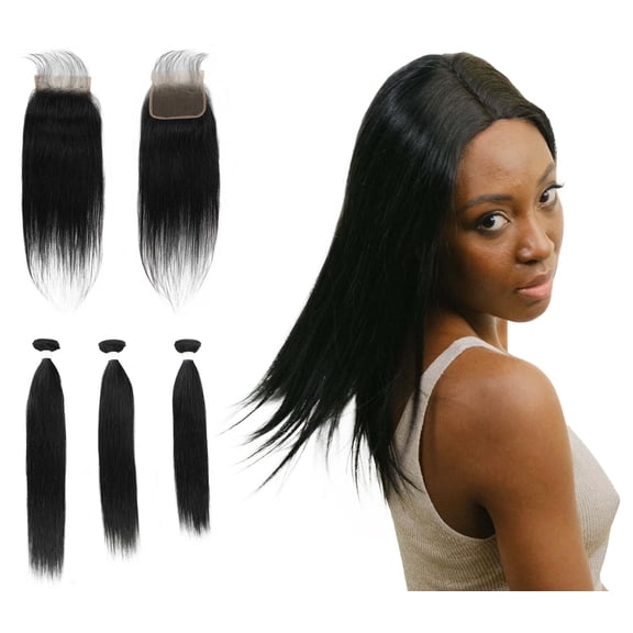 LUXLUXE Women Rico 100% Unprocessed A7 Grade Human Hair Bundle 10 Inches 101214 Lengths Free Part 4X4 Hand Tied Swiss Lace Closure