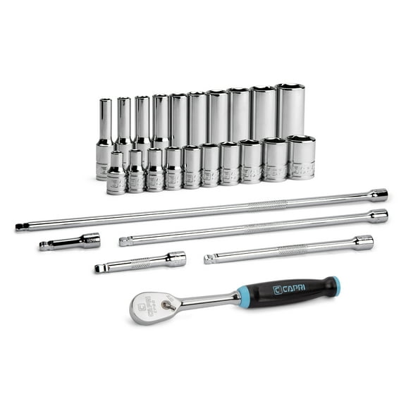 Capri Tools 1/4 in. Drive Master 6-Point Chrome Socket Set, 3/16 to 9/16 in., with Extension and 90-Tooth Soft Grip Ratchet, 26-Piece, SAE