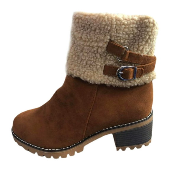 Women's Mid-Calf Boots Autumn and Winter Warm Boots Thick Heel Round Head Buckle Stylish Large Footwear