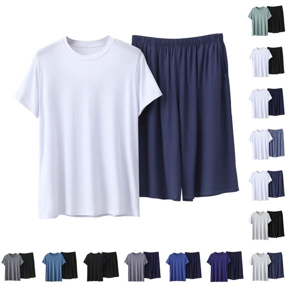 PIWHJQK 2 Pieces Men Pajama Set Elastic Waist Sleepwear Men's Solid Crew Neck Tee Elastic Pocket Shorts 2 Piece Pajama Men Sleepwear