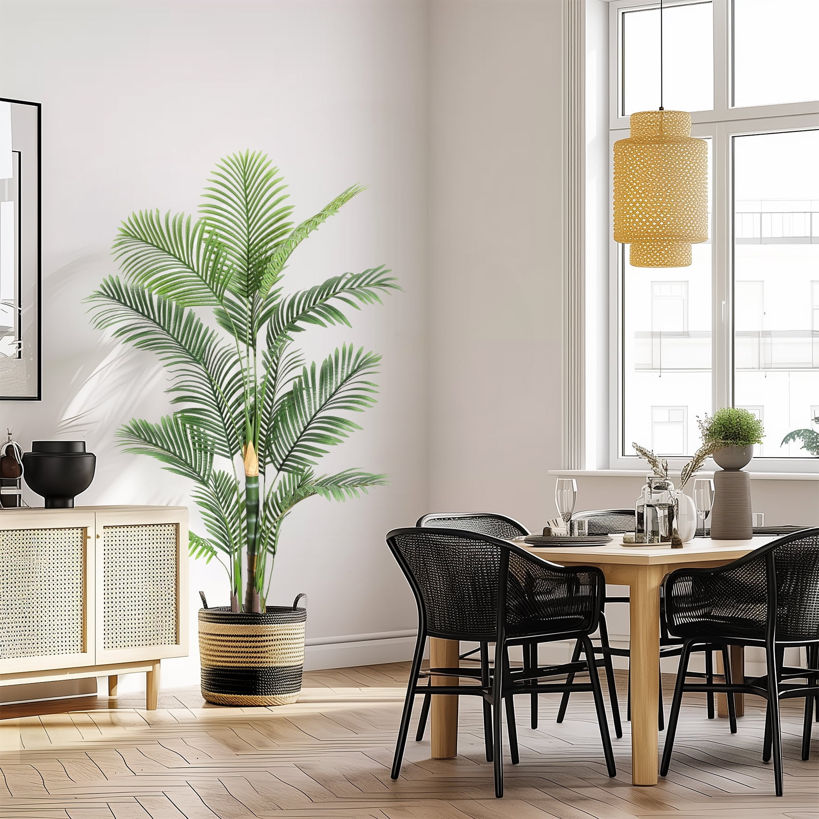 6FT Fake Tropical Palm Plant, Artificial Golden Cane Palm Tree, Pre Potted Faux Greenry Plant for Indoor Outdoor Big House Living Room Outside Patio Office Home Decor