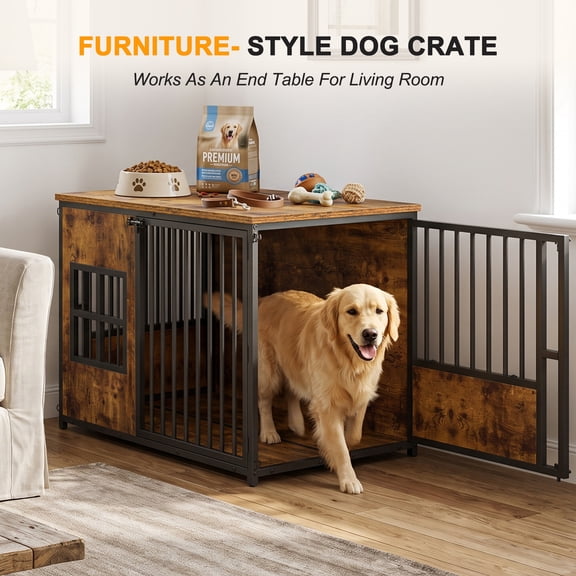 Dog Crate with Storage Top and Wooden Design, Large Indoor Pet Kennel and Dog Cage Furniture for Living Room Bedroom, Antique Brown