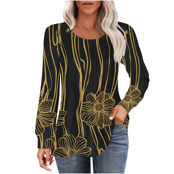 hxobax Floral T-Shirts Women Long Sleeve Tunic Tops Casual Pleated Crew Neck Pullover Classic Tees