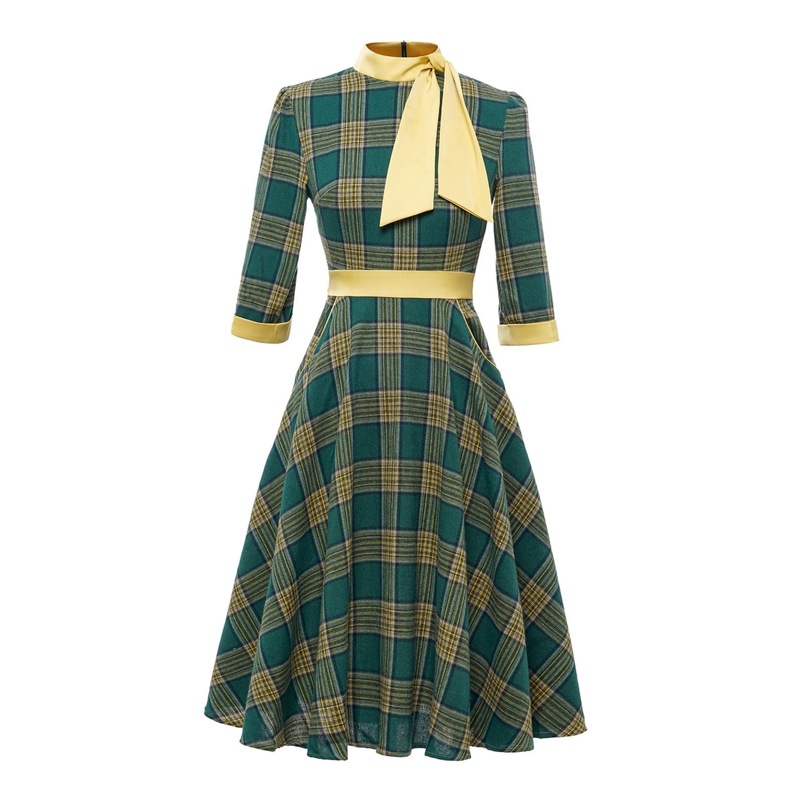 Women Retro Plaid Print Three Quarter 