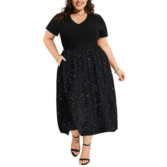 CASSIE LIZ Plus Size Dress for Women V Neck Long Black Patchwork Dress Casual Short Sleeve Sundress Loose Fit Spring Summer Dress with Pocket Floral/ Sequin/ Botanical/ Stripe/ Leopard ( XL-5XL )