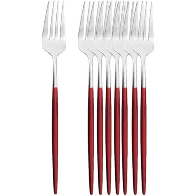 Cutlery Set Dinner Fork Tableware Dinnerware Stainless Steel Silverware Kitchen Flatware 8Pcs Red Silver
