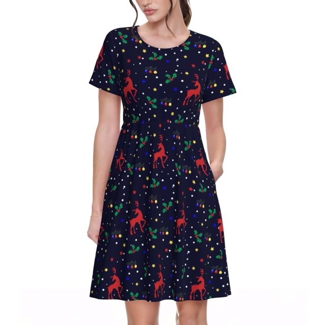 Disketp Christmas Deer para Vestido de Manga Corta para Mujeres, Vestidos de Verano para Mujeres, Casual y Holgado para la Playa