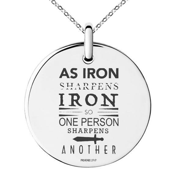Stainless Steel As Iron Sharpens Iron Proverbs 27:17 Engraved Small Medallion Circle Charm Pendant Necklace