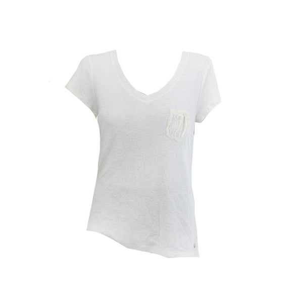 ALFANI  BEIGE SHORT-SLEEVE LACE-POCKET TV-NECK TEE L