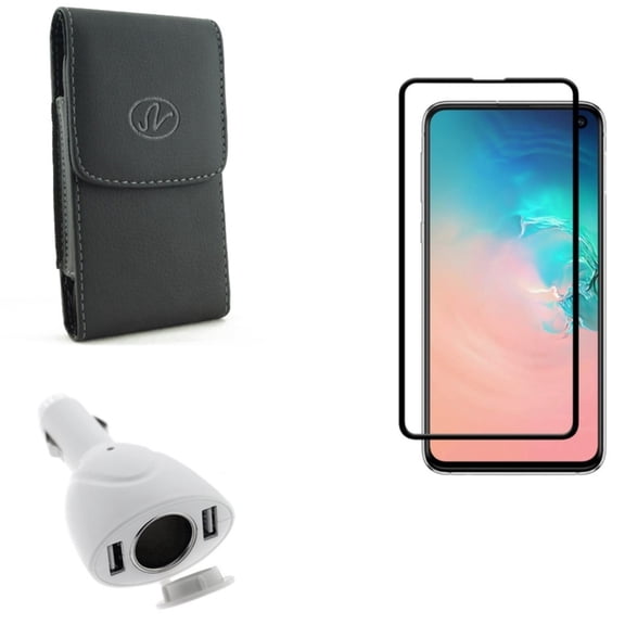 Galaxy S10e Case Belt Clip w Car Charger w Screen Protector - Leather Holster Cover, DC Socket 2-Port USB Power, Tempered Glass 5D Curved Edge for Samsung Galaxy S10e Phone