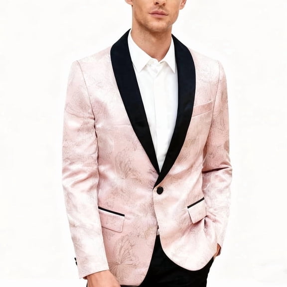 i·FineLong Men's Pink Patterned Tuxedo Jacket with Black Shawl Collar