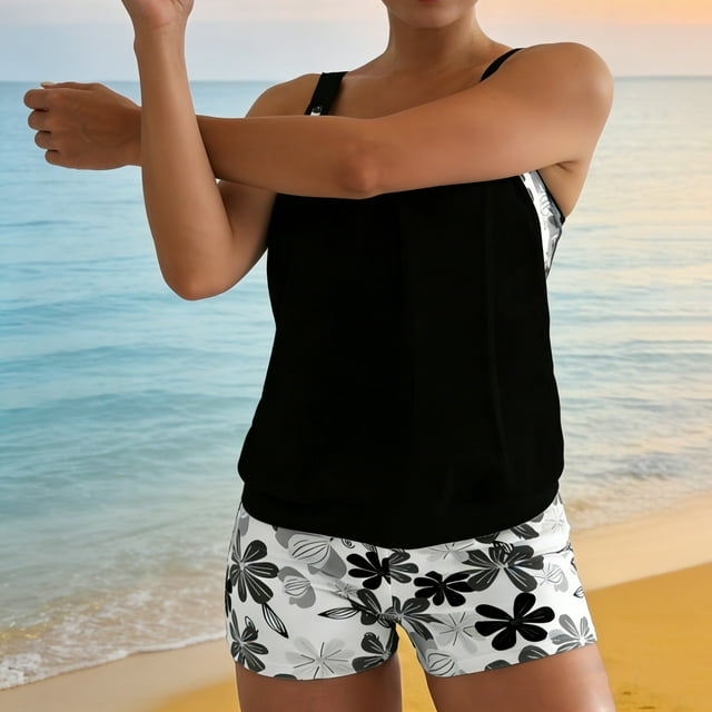 Ailaofu Ensemble Tankini Décontracté à Imprimé Feuilles pour Femmes - Bikini 2 Pcs avec Culottes Garçonnes