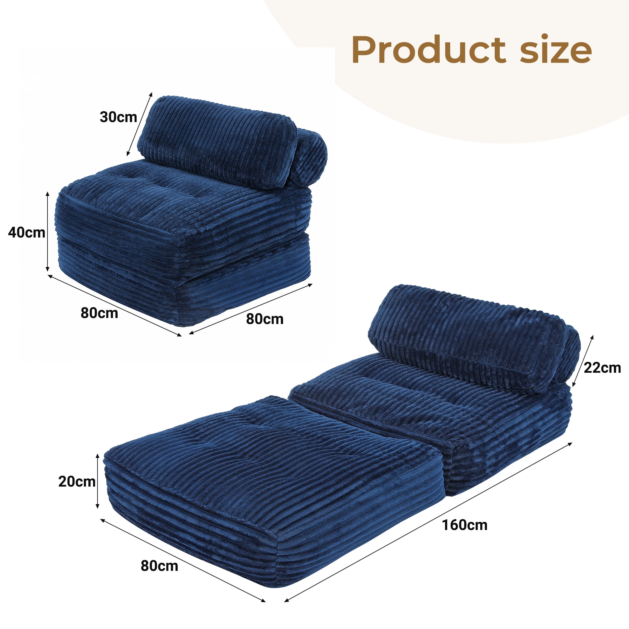 Neche Single Corduroy Convertible Sleeper Sofa - Folding, Pillow Included, Back Support, Portable for Living Room & Bedroom, Navy