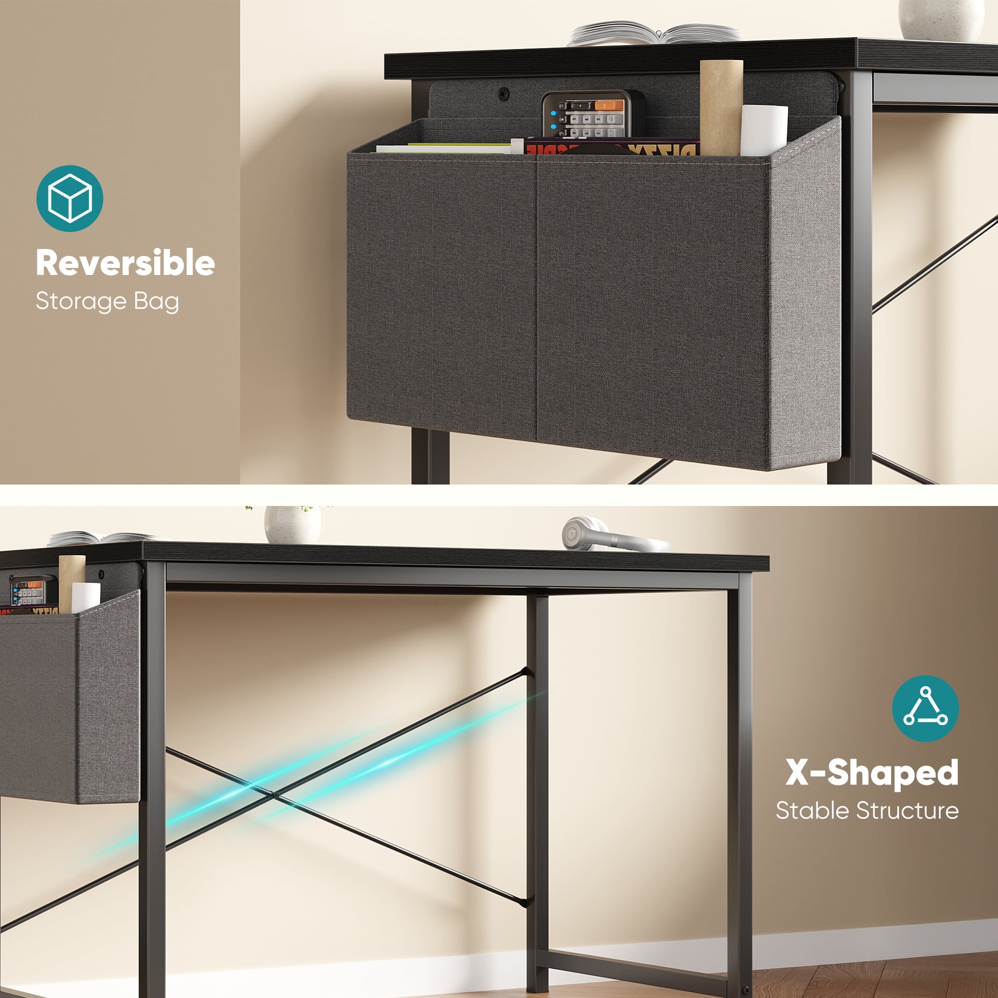 Gianna 55" Computer Desk with Metal Frame, Waterproof Surface and Storage Bag – Perfect for Office Use, Black