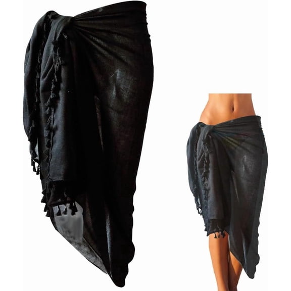 Black Mesh Sarong Cover Up Tassel Pareo Long Beach Swimsuit Sheer Scarf Coverup Summer Bikini Sexy Bathing Suit Wrap Dress Bottom Coverups Rectangle Cotton Shawls for Women Skirt Accessories