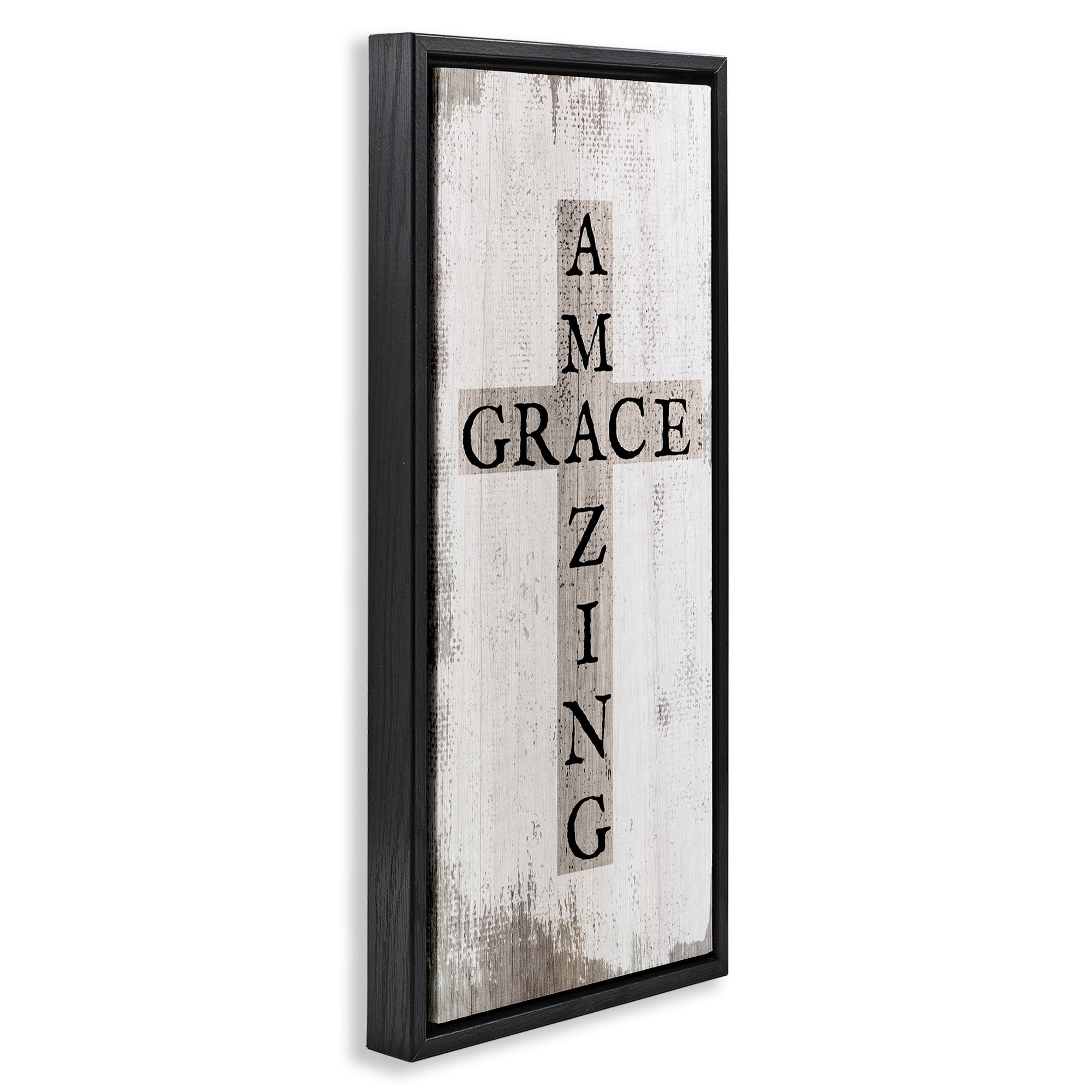 Stupell Industries Amazing Grace Rustic Cross Typography Painting Black Floater Framed Canvas Art Print Wall Art, 11 x 25