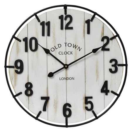 EMAX HOME 24 Whitewashed Wood Farmhouse Arabic Numeral Silent Wall Clock, Iron Frame