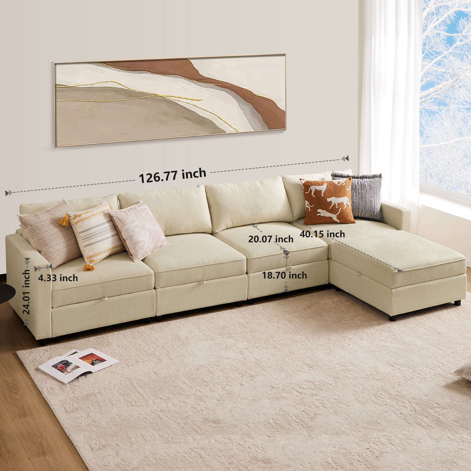 Sectional Sofa Couch, 5 Seat Sofa Set with Storage for Living Room, Modern Modular Sofa Sleeper with Ottoman, Beige