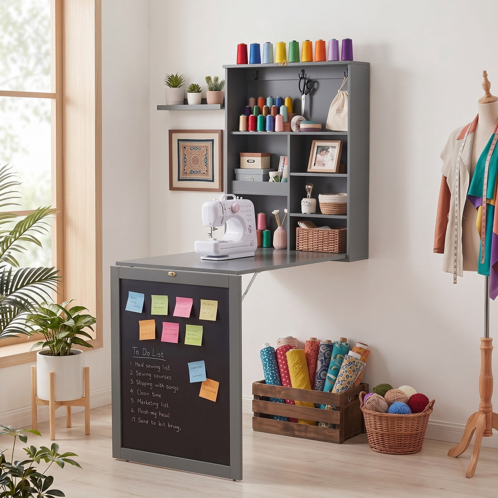 Furnibear Convertible Wall Mounted Folding Table with Chalkboard, Fold Down Space Saving Wall Desk with 6 Storage Cubes and 3 Hooks for Kids Study Home Office, Gray