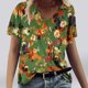 thumbnail image 3 of Tops Florales para las Mujeres, Casual V-Cuello Camiseta de Manga Corta Blusa de Moda Hecha de Estante de Imitación para Toda la Temporada de Uso Diario, Tops Cortos para las Mujeres, 3 of 4