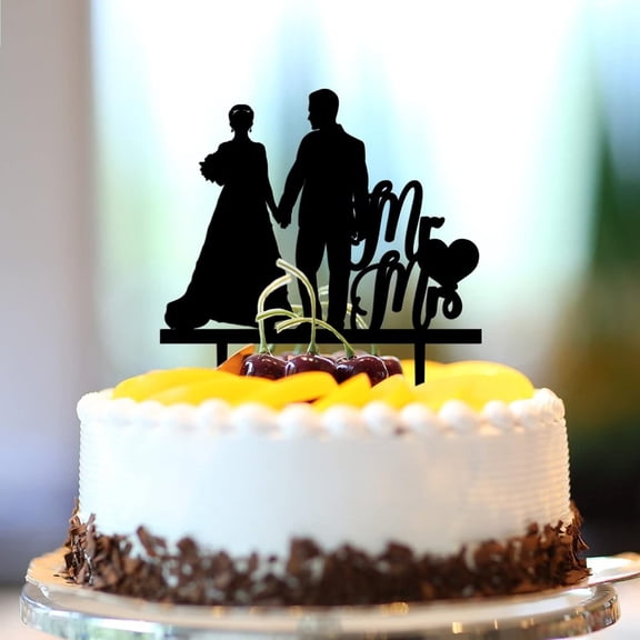 Personalized Wedding Mr & Mrs Cake Topper Silhouette Customize Names Est Date Rustic Bride & Groom Cake Topper For Engagement Bride to Be Cake Decorations Engagement Gifts For Couple Acrylic Black