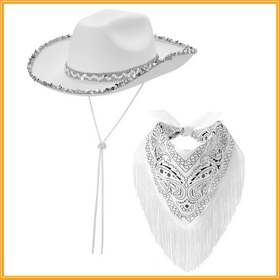 Western Cowboy Hat and Bandana Set Wide Brim with Sequins Cowgirl Hats & Tassel Scarf for Cosplay Party Dress Up