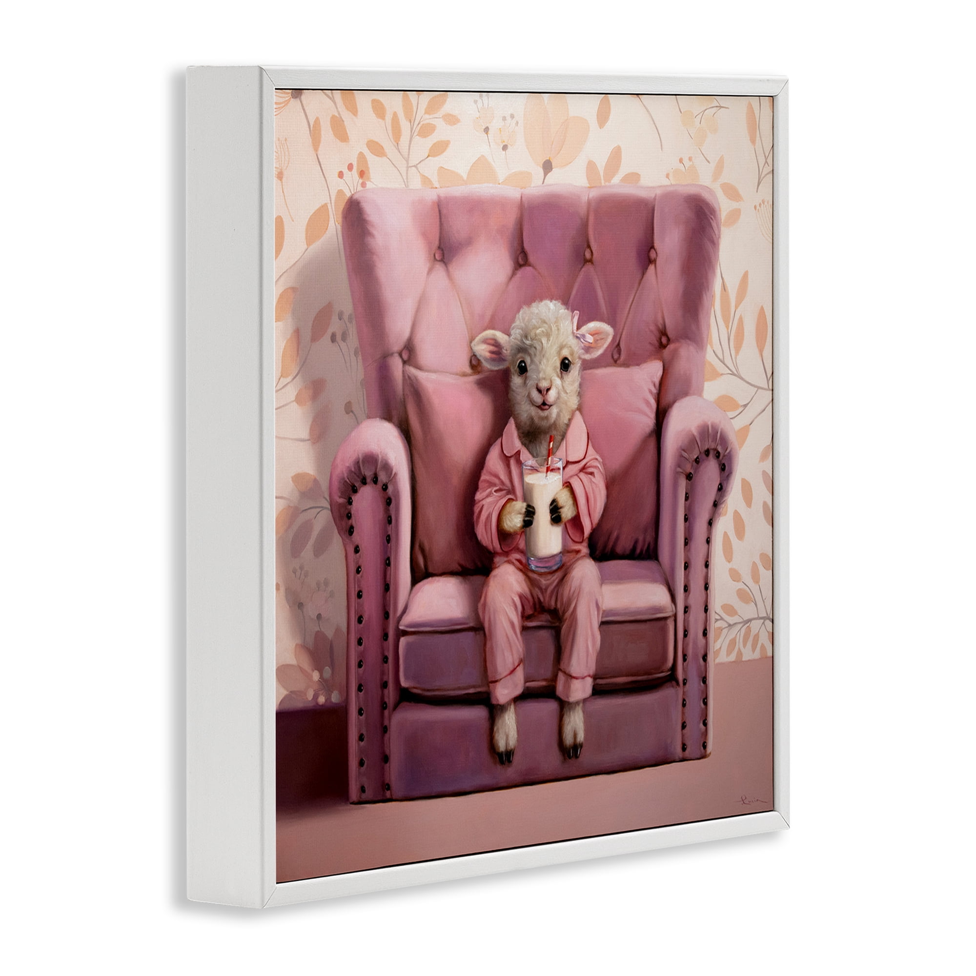 Stupell Industries Baby Cow in Pink Chair Animals & Insects Painting White Framed Art Print Wall Art, 17 x 17