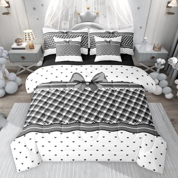jejeloiu Black Rhombus Plaid 7-Piece Twin Bedding Sets,Cute Cartoon Heart Bedding Comforter Set For Girls Reversible