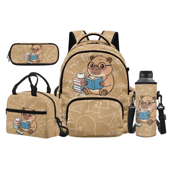Yspwyqan Kids Backpack Set with Lunch Box and Pencil Case, Capybara Math 17 Inch 600D Polyester Bookbags for School Travel Hiking Daypack Ages 8-15