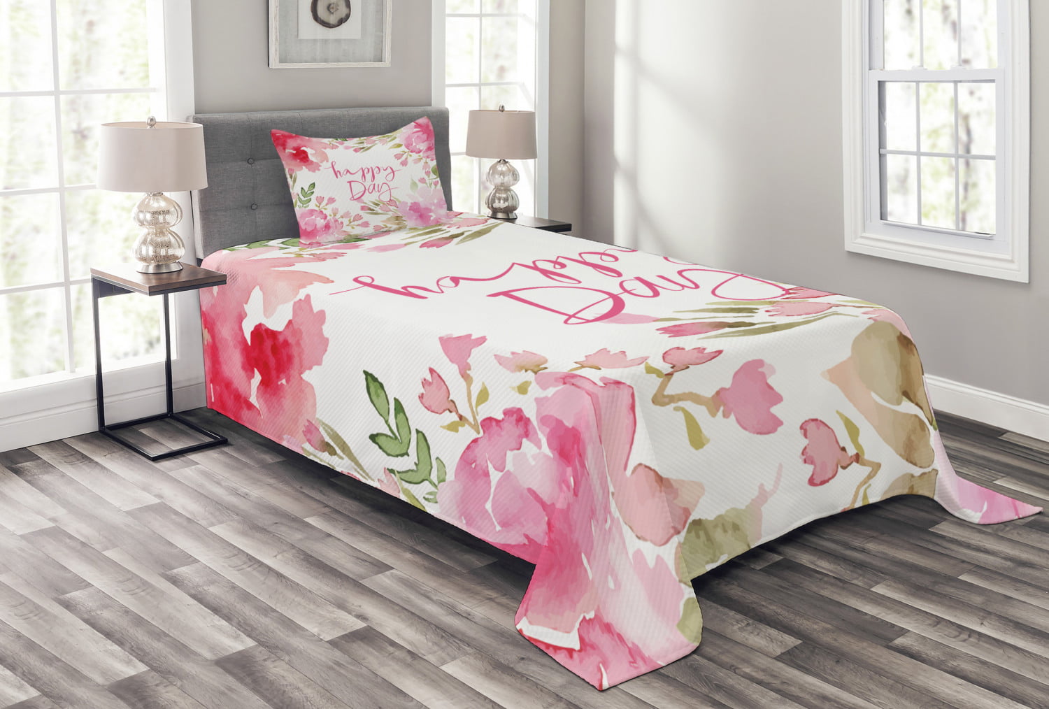 Details about   Colorful Quilted Bedspread & Pillow Shams Set Flower Lily Leaves Print 