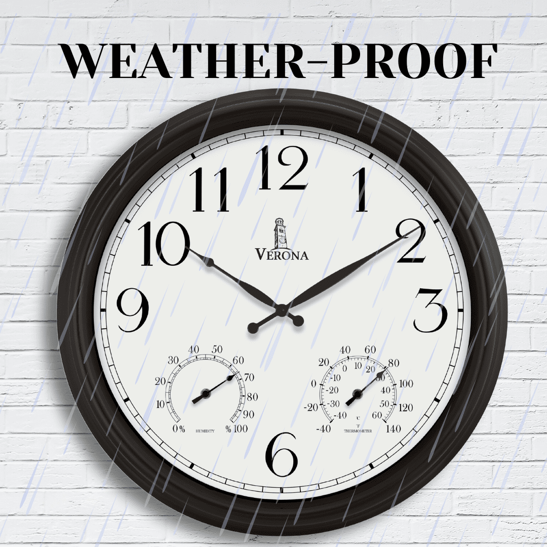 24 inch Outdoor Clocks for Patio Large Waterproof with Thermometer - Black Outdoor Wall Clock with Temperature and Humidity Combo - Weatherproof, Accurate & Easy to Read for Pool, Garden & Home Decor
