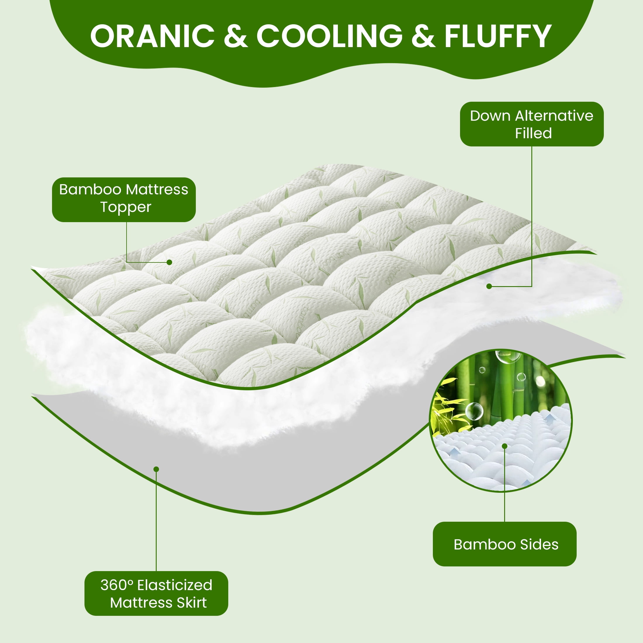 Baauye Cooling Bamboo Mattress Topper, 900GSM Quilted Mattress Pad with 8-21" Deep Pocket, Twin, Green