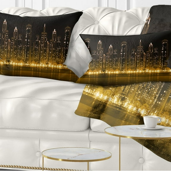Designart Modern City with Illuminated Skyscrapers - Cityscape Throw Pillow - 12x20