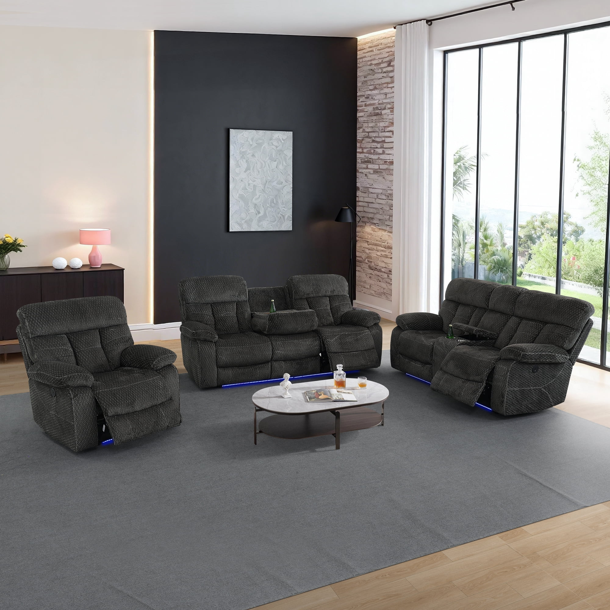 Gewnee 1+2+3‑Piece Power Recliner Sectional Sofa Set, Flock Upholstered Couch with Center Console Cup Holders, LED Ambient Light & USB Port for Living Room, Grey