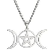 TEAMER Stainless Steel Triple Moon Goddess Pentagram Silver Necklace Pagan Jewelry