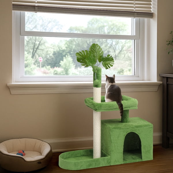 36in Cat Tree with Leaves, Multi-level Cat Tower with Cat Scratching Post, Cozy Cat Condo, Padded Beds, Dangling Ball for Kittens and Indoor Cats, Green