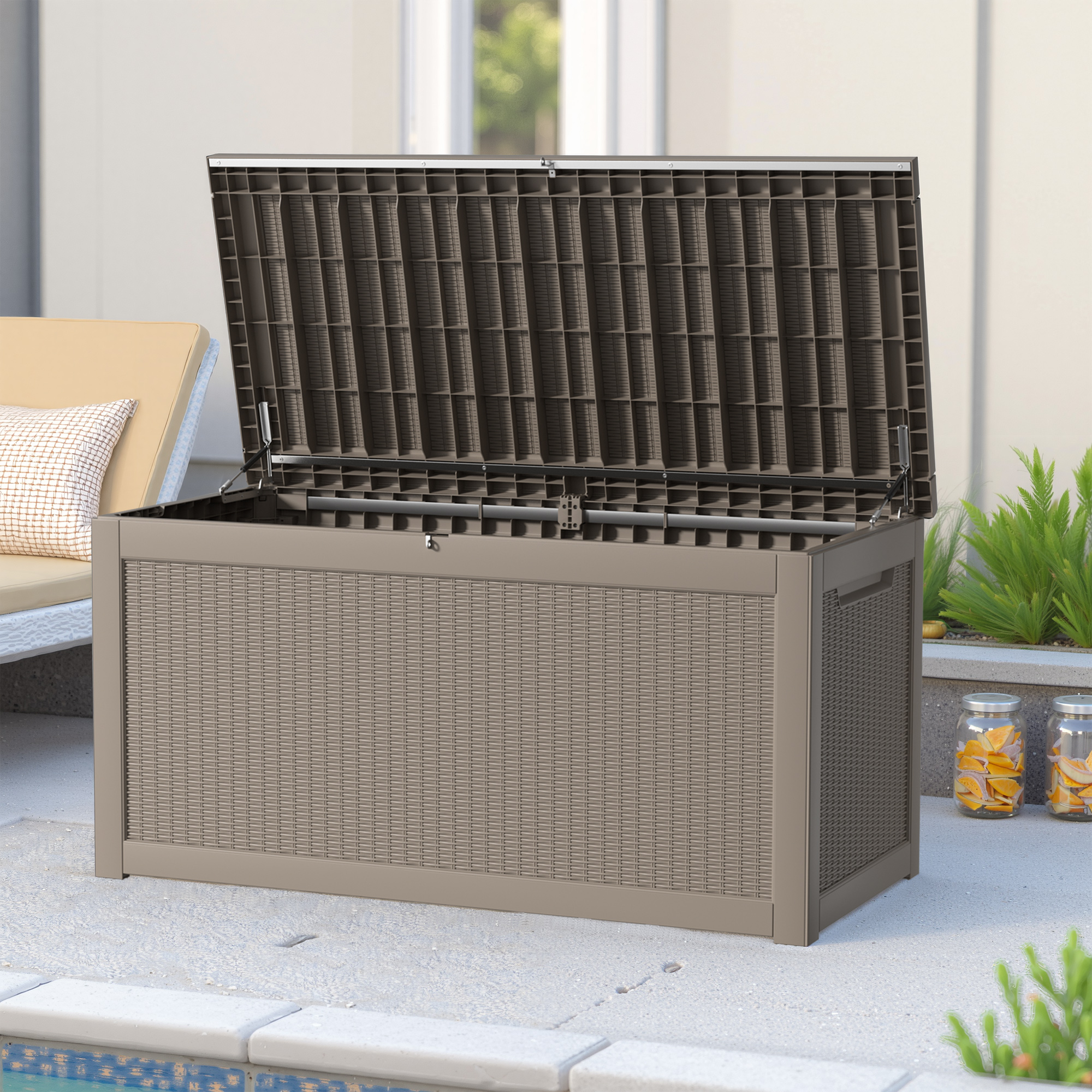 MAYEERTY 260 Gallon Outdoor Deck Box, Large Capacity Storage Box for Patio Furniture Cushions, Pillow Outdoor Indoor, Light Brown