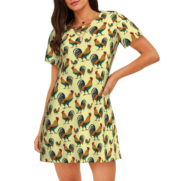 Balery Roosters In Farm Camisón de manga corta con cuello redondo para mujer, cómodo y elegante.