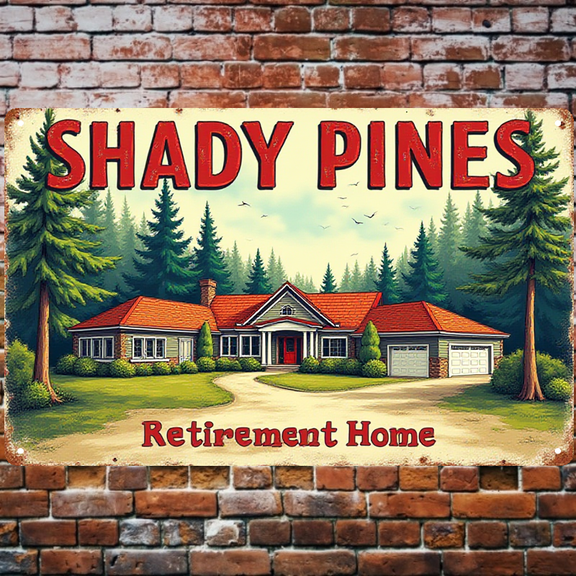 8x12 Inch Tin Sign - Shady Pines Retirement Home Design, Perfect for Wall, Bar, Home Decor - High - Quality Tin Signs