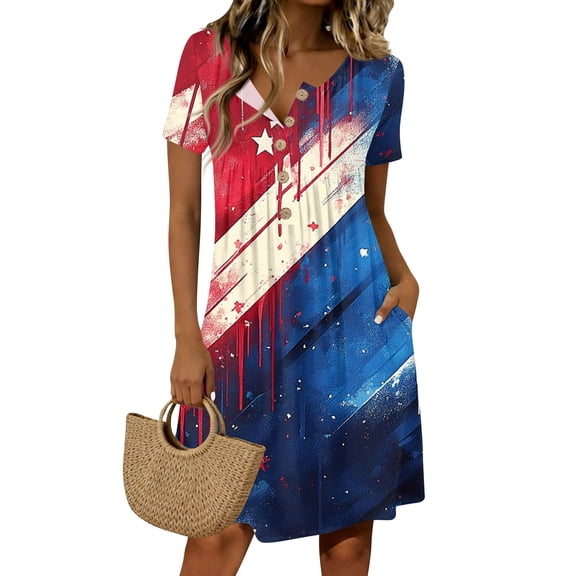 Women's Independence Day 250 Years Anniversary Patriotic Dress Short Sleeve Button Neck Printed Star Pattern Round Neckline Casual Comfortable Daily Wear USA Flag Summer Dress 4th of July Blue L
