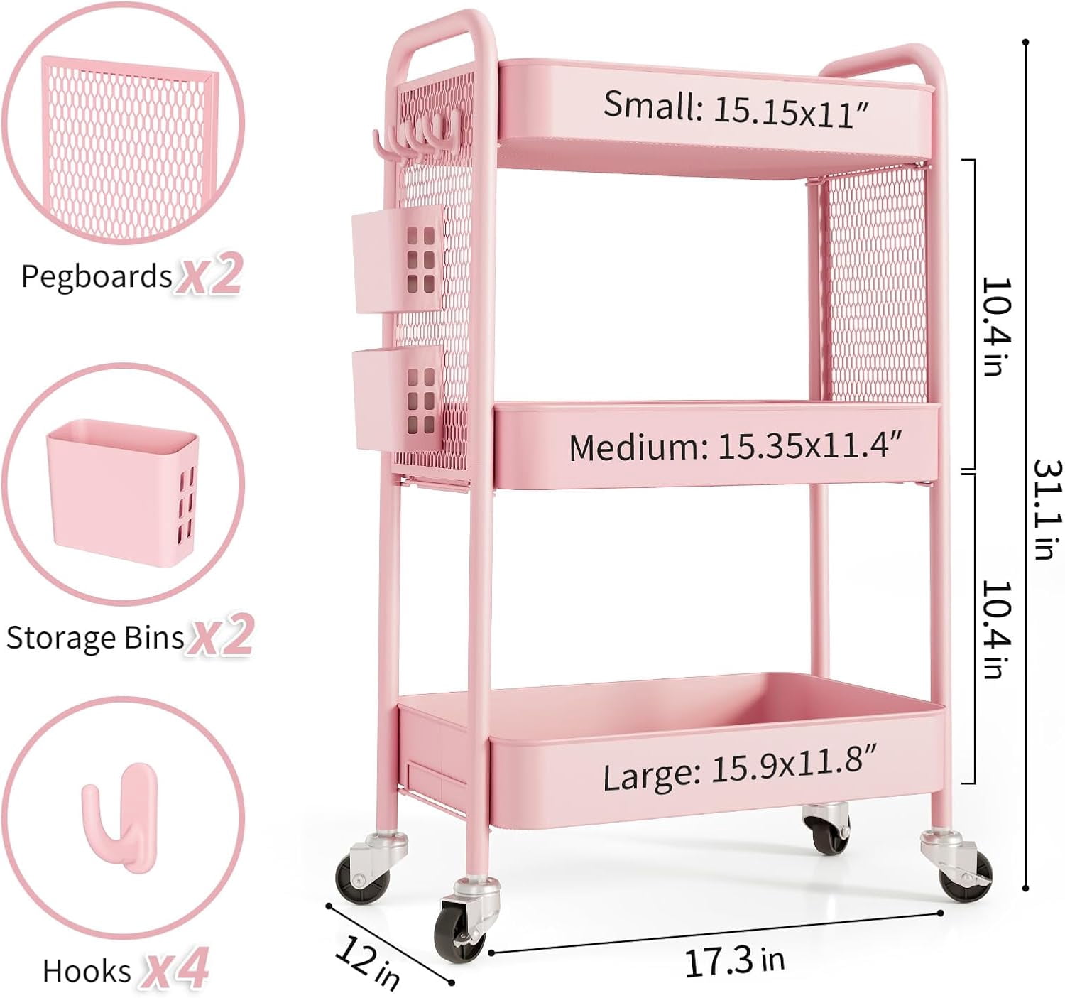 3 Tier Rolling Cart Storage Organizer, Metal Rolling Utility Cart with Wheels, Hooks & Bins Esthetician Craft Art Sturdy Storage with Pegboard for Bathroom, Kitchen, Office, Nursery Diaper
