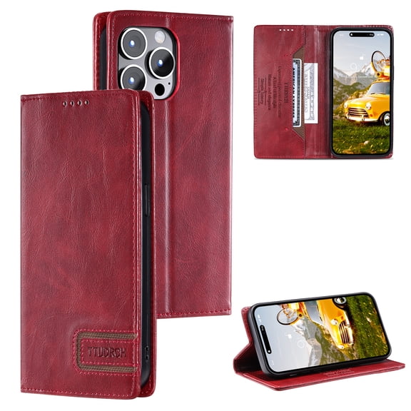 Feishell Compatible with iPhone 12 Pro Max Wallet Case, Business Classic PU Leather Flip Folio Case with Card Holders RFID Blocking Kickstand [Shockproof TPU Inner Shell] Phone Cover,Winered
