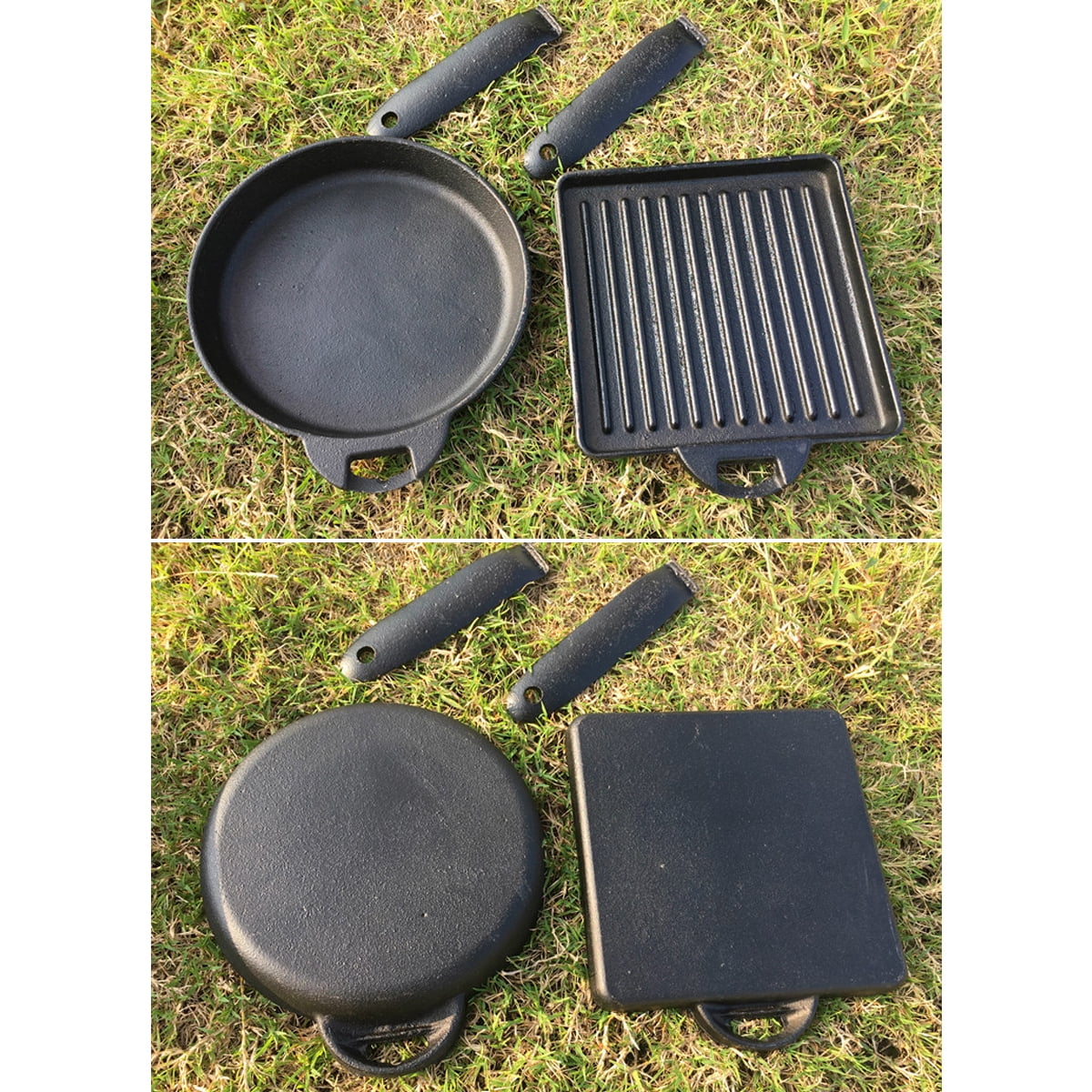 2pcs Cast Iron Camping Detachable Steak Cooking Frying Pan + Carry Case