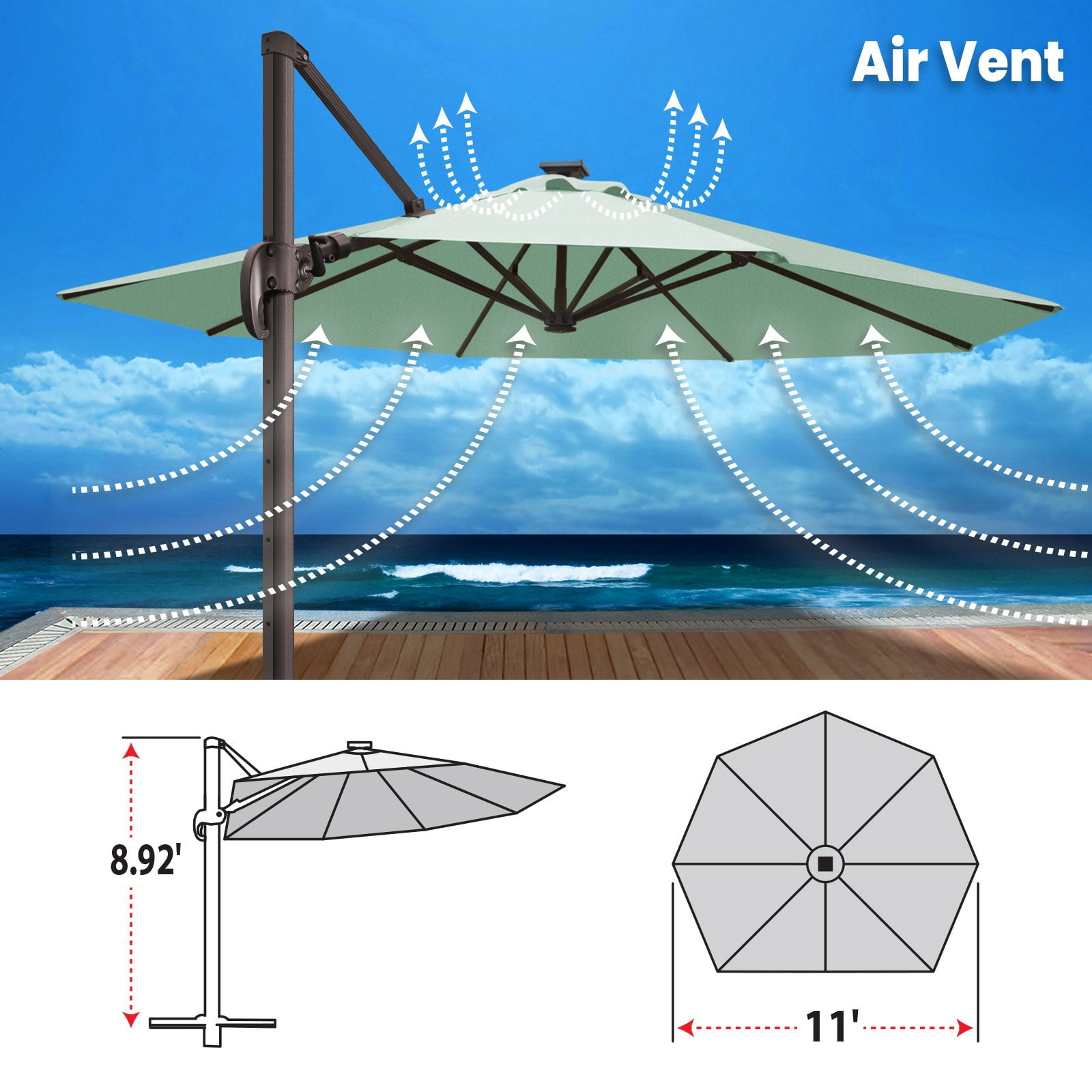 SUNRISEUMBRELLA Roma hanging umbrella Sunbrella Cover Patio Umbrella Garden Outdoor (11',Spa)