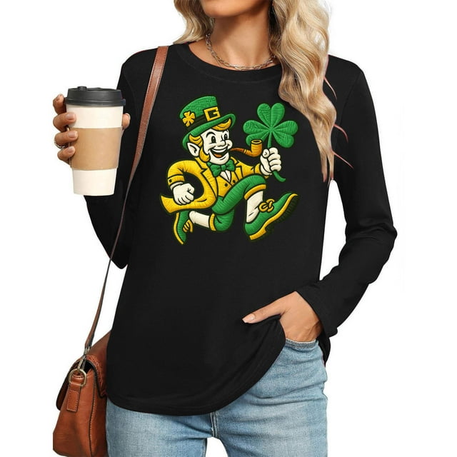 Uootdi St Patricks Day Long Sleeve Shirts for Women Retro Lucky Clover Tshirt Irish Shamrock Graphic Tee Tops Gift
