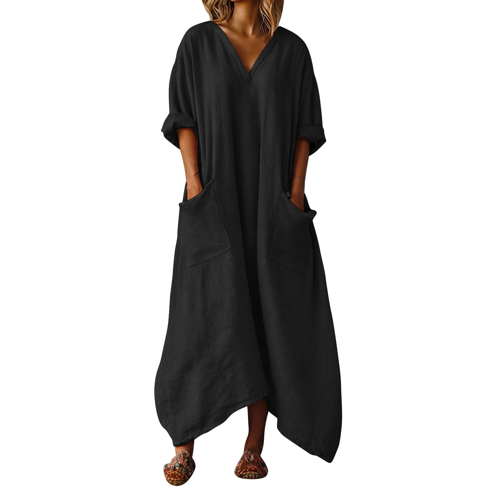 LVHAOGJOB Womens Summer Dresses Long Maxi Dress Cotton Linen for Beach Vacation Solid Color Sundress for Mujer V Neck