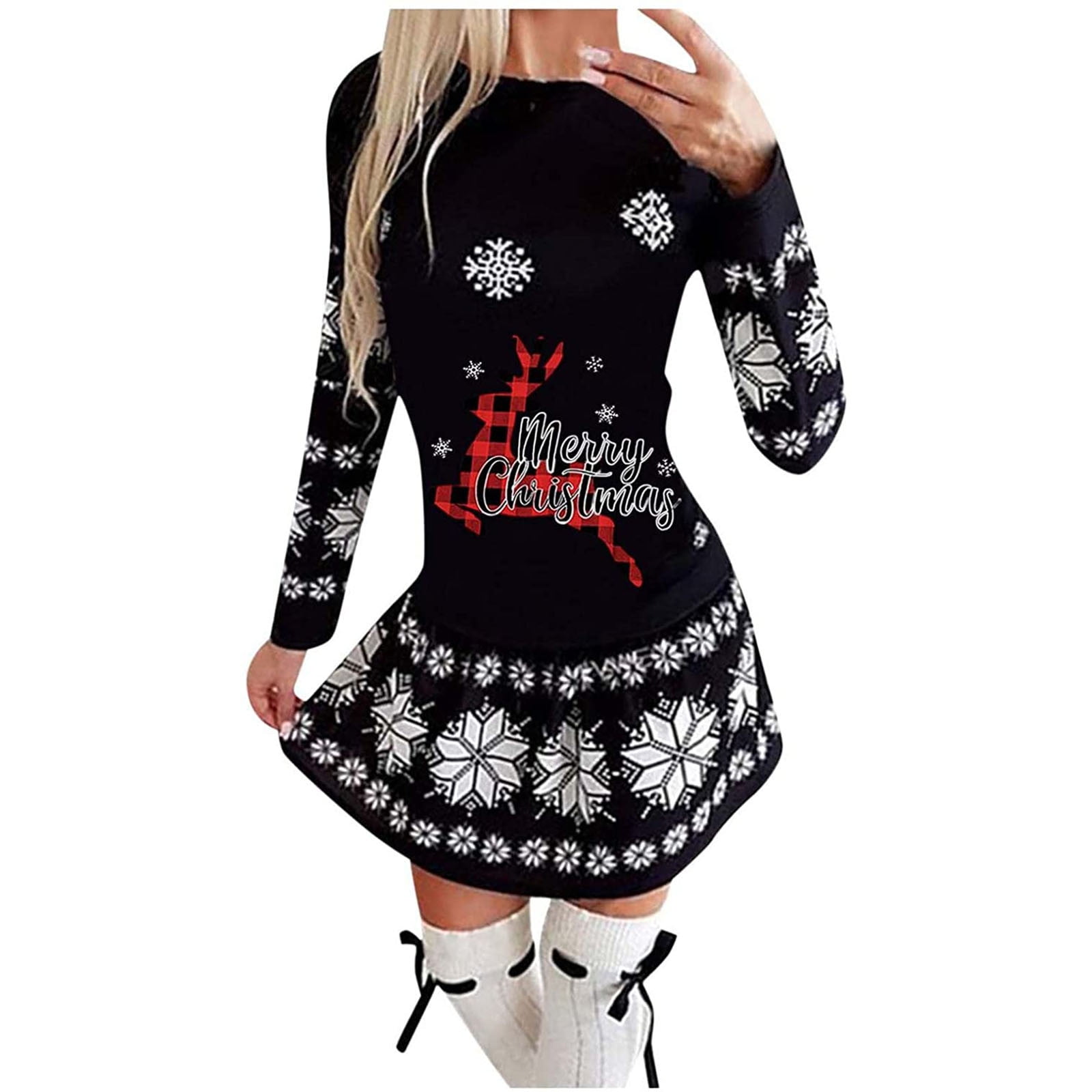 Sexy Black Dress for Women Women Casual Round Neck Christmas Deer Snowflake  Print Long Sleeve Mini Dress White Beach Dress for Women Black Sexy Dress  for Women Fit and Flare Dress for