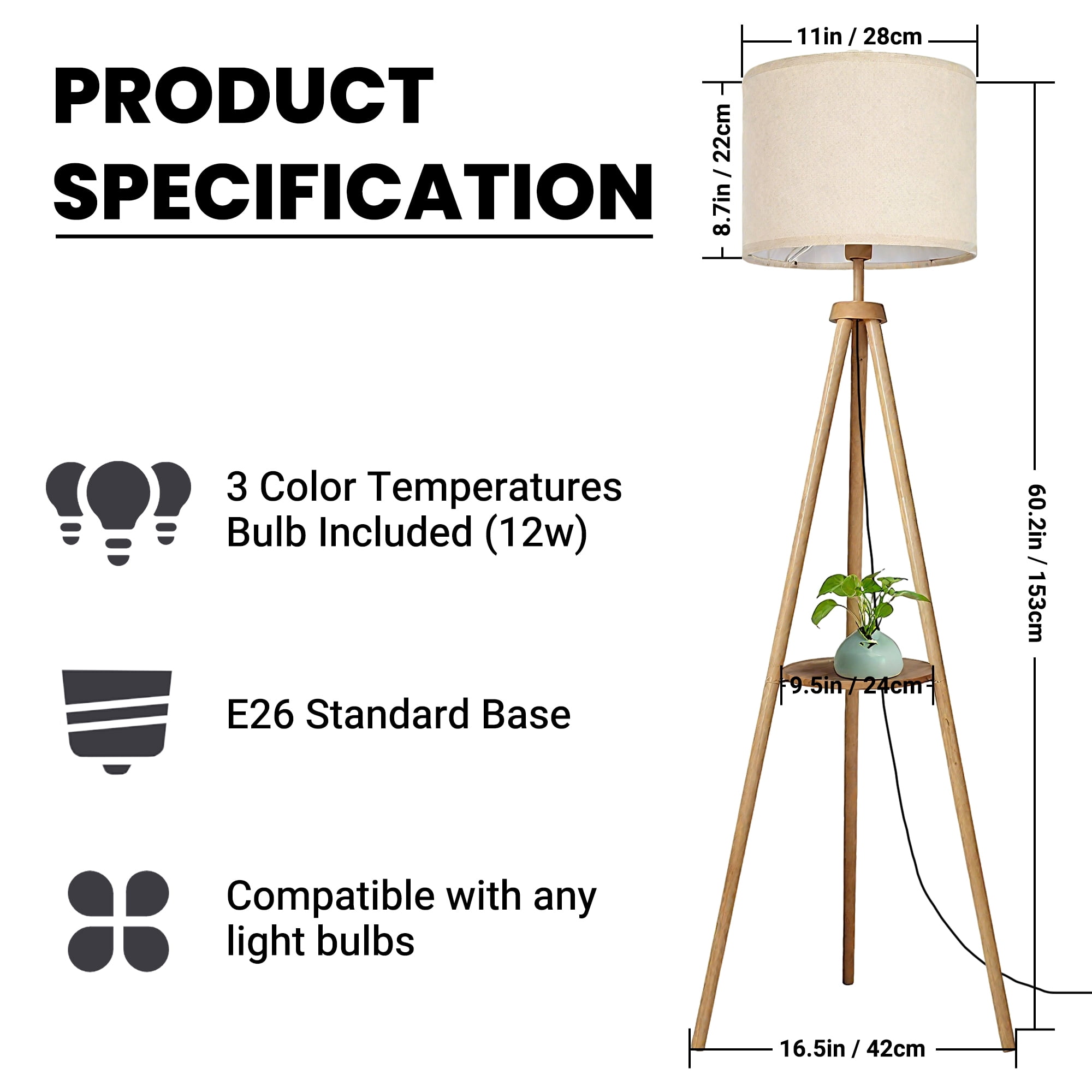 DAYBETTER Floor Lamp for Living Room, 63'' Wood Tripod Floor Lamp with Shelves, 3 Color Temperature, Dimmable, Remote Control Standing Lamp for Living Room, Bedroom, Office, LED Bulbs Included