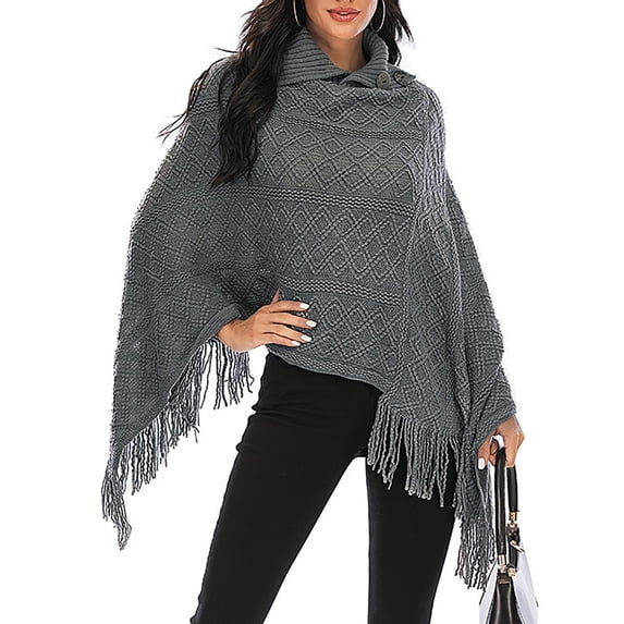 FANNYC Women Winter Knitted Sweater Pullover Shawl Cloak Coat Texture Oversized Loose Baggy Tassel Fringed Poncho Cape Wrap Jumper With Irregular Hem
